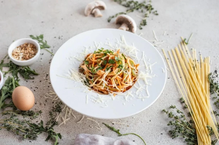 Паста с куриным филе и овощами