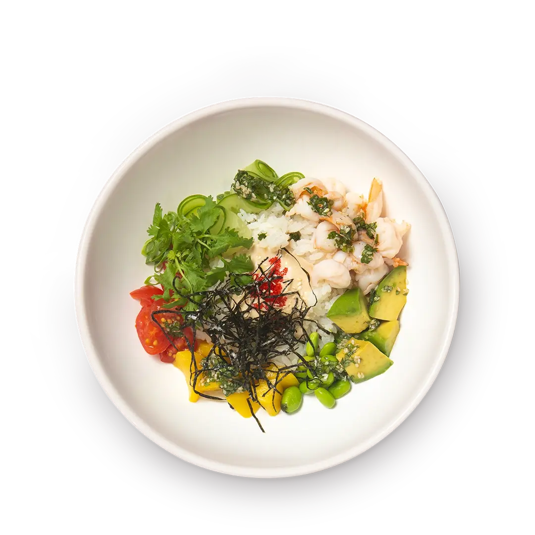 Поке с креветками, манго. томатами черри и фирменной заправкой