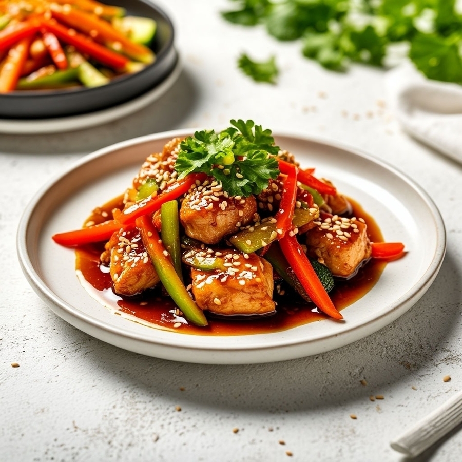 Куриная грудка по-тайски с овощами, соусом терияки и кунжутом 250 гр.