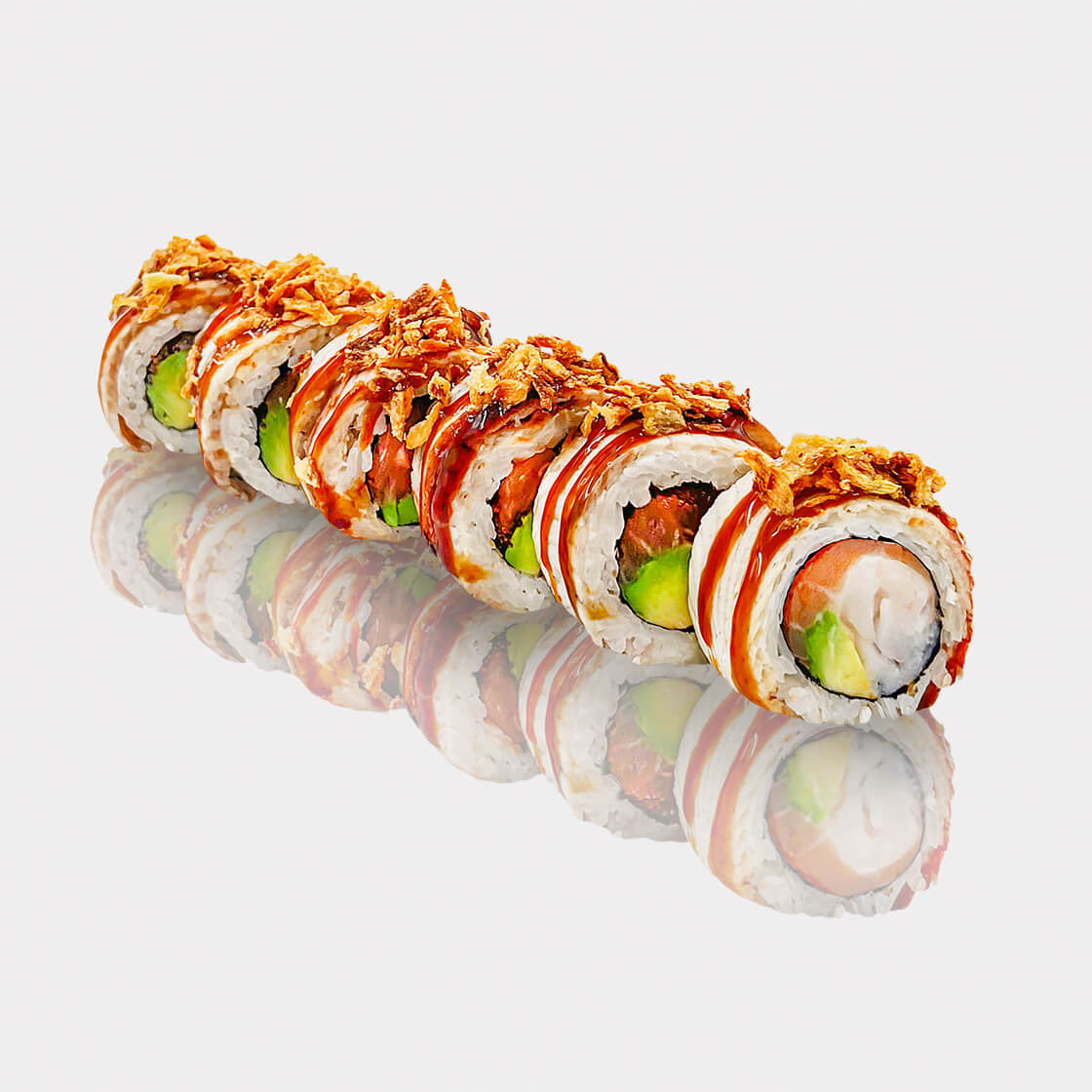 Ролл с угрём, сёмгой, авокадо и луком фри