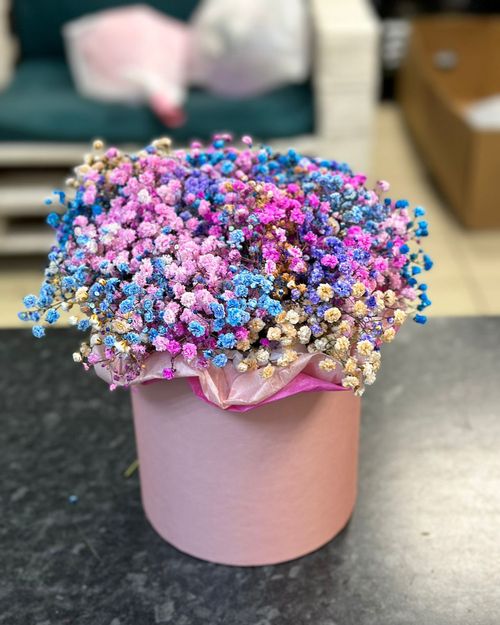 Разноц гипсофилы в шляпной коробке