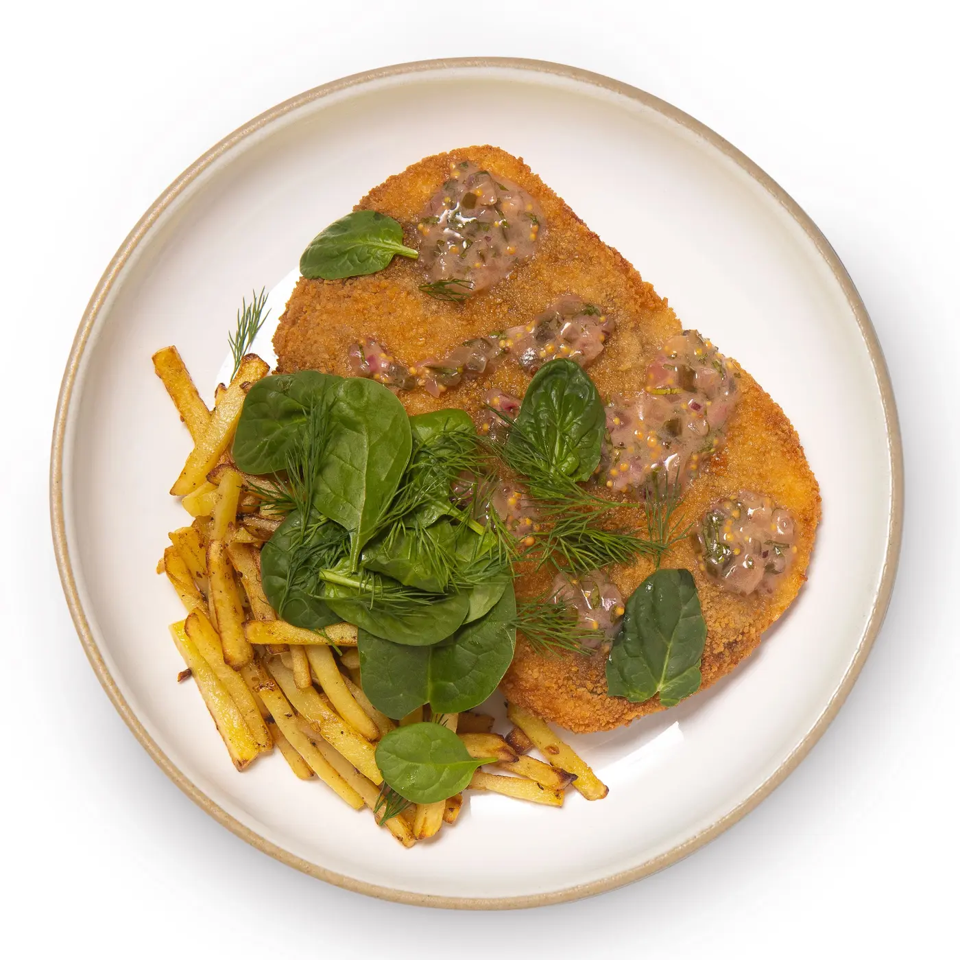 Шницель из цыпленка с сыром, жареным картофелем и соусом релиш